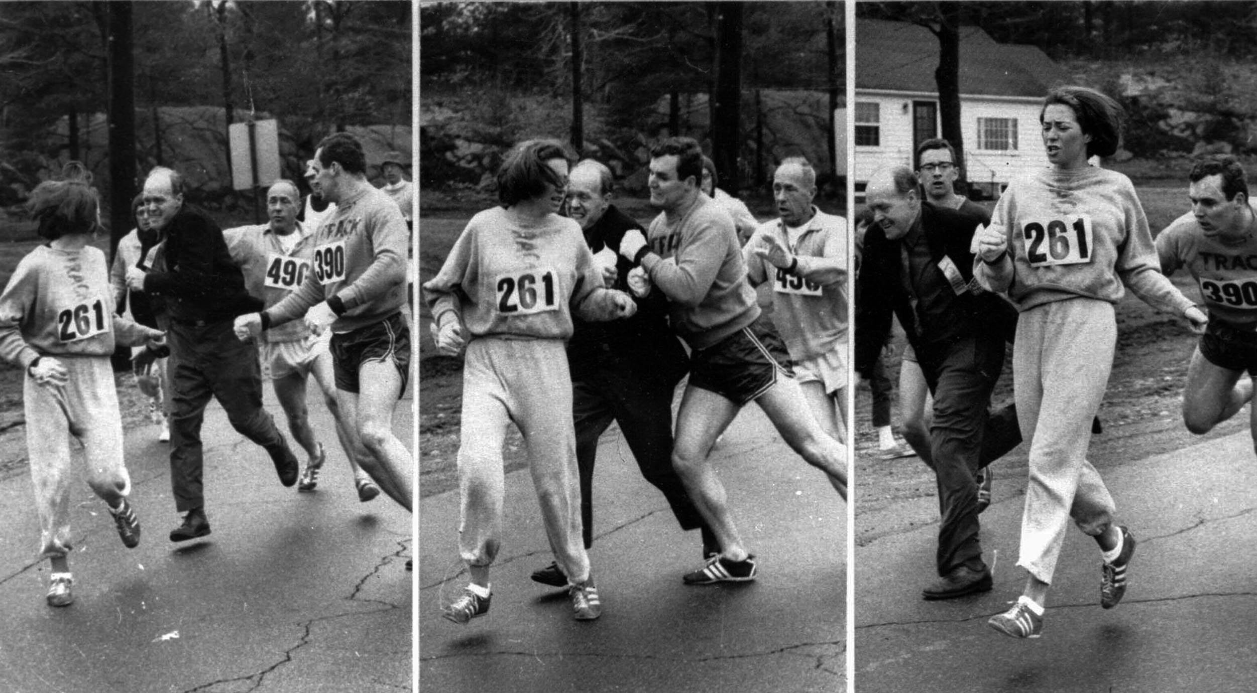 The legendary moment that captured Switzer about to be pushed out of the 1967 Boston Marathon. Photo Courtesy: Boston Herald